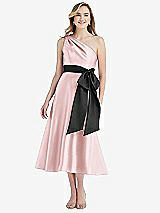 Front View Thumbnail - Ballet Pink & Black One-Shoulder Bow-Waist Midi Dress with Pockets