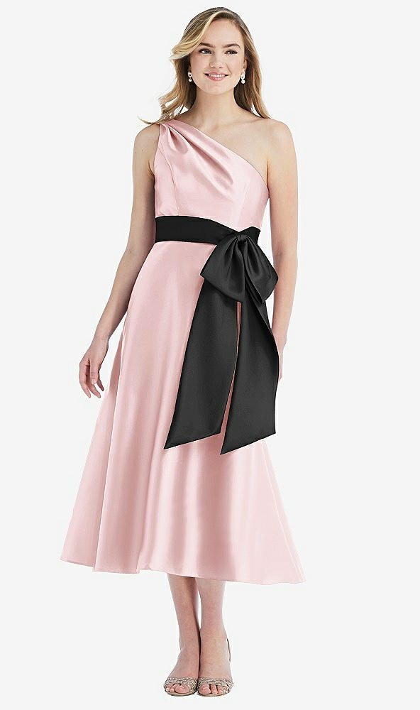 Front View - Ballet Pink & Black One-Shoulder Bow-Waist Midi Dress with Pockets