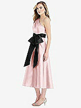 Side View Thumbnail - Ballet Pink & Black One-Shoulder Bow-Waist Midi Dress with Pockets
