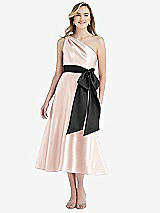 Front View Thumbnail - Blush & Black One-Shoulder Bow-Waist Midi Dress with Pockets