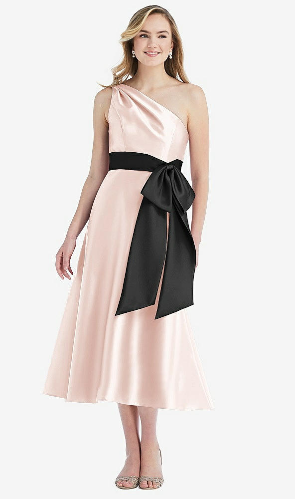 Front View - Blush & Black One-Shoulder Bow-Waist Midi Dress with Pockets