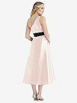 Rear View Thumbnail - Blush & Black One-Shoulder Bow-Waist Midi Dress with Pockets