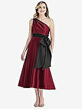 Front View Thumbnail - Burgundy & Black One-Shoulder Bow-Waist Midi Dress with Pockets