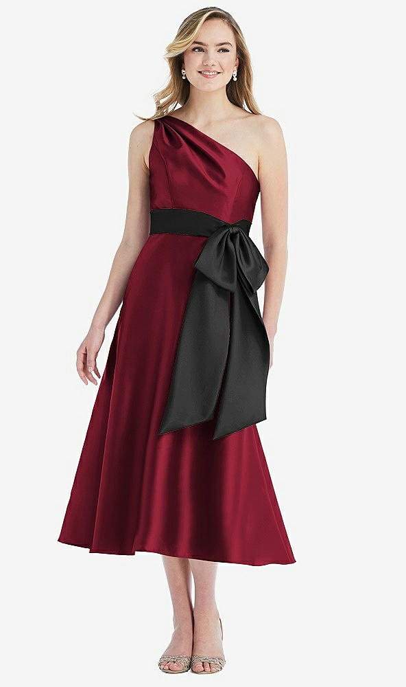 Front View - Burgundy & Black One-Shoulder Bow-Waist Midi Dress with Pockets