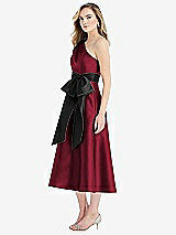 Side View Thumbnail - Burgundy & Black One-Shoulder Bow-Waist Midi Dress with Pockets