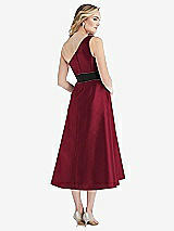 Rear View Thumbnail - Burgundy & Black One-Shoulder Bow-Waist Midi Dress with Pockets