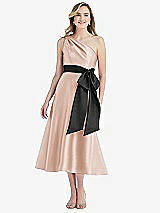 Front View Thumbnail - Cameo & Black One-Shoulder Bow-Waist Midi Dress with Pockets