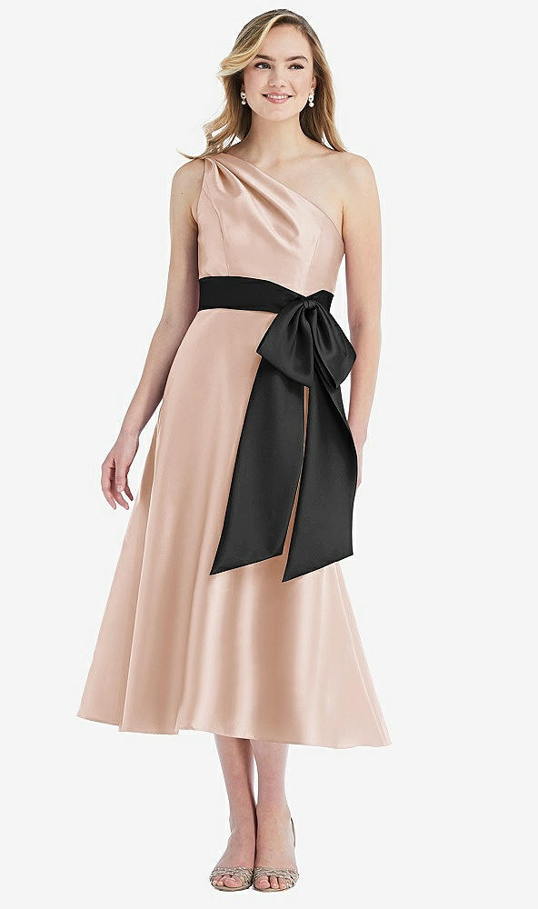 Front View - Cameo & Black One-Shoulder Bow-Waist Midi Dress with Pockets