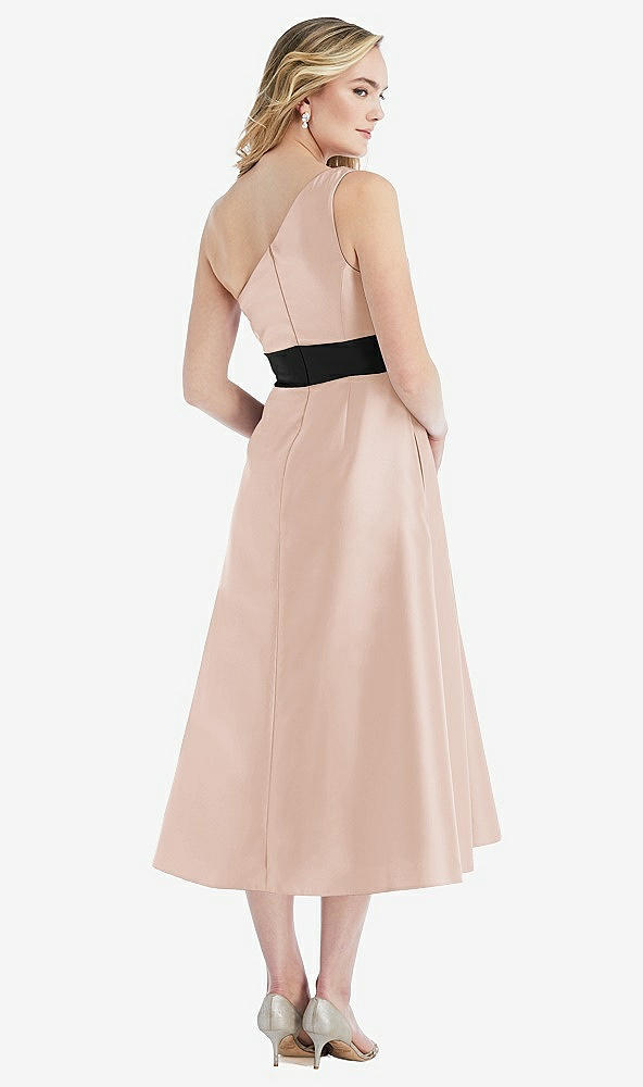 Back View - Cameo & Black One-Shoulder Bow-Waist Midi Dress with Pockets