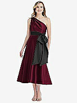 Front View Thumbnail - Cabernet & Black One-Shoulder Bow-Waist Midi Dress with Pockets