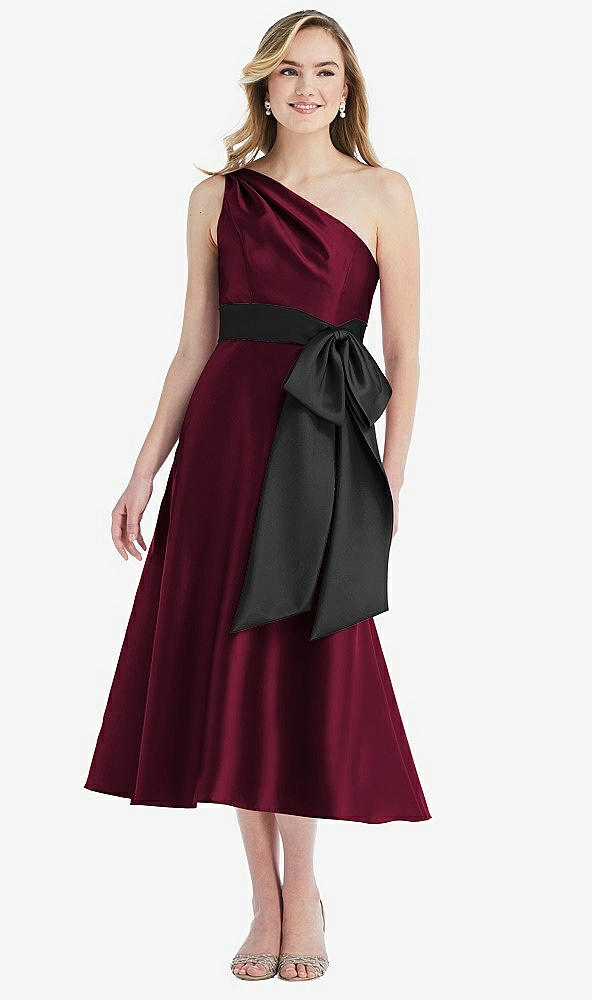 Front View - Cabernet & Black One-Shoulder Bow-Waist Midi Dress with Pockets