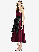 Side View Thumbnail - Cabernet & Black One-Shoulder Bow-Waist Midi Dress with Pockets