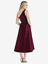 Rear View Thumbnail - Cabernet & Black One-Shoulder Bow-Waist Midi Dress with Pockets