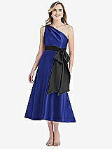 Front View Thumbnail - Cobalt Blue & Black One-Shoulder Bow-Waist Midi Dress with Pockets