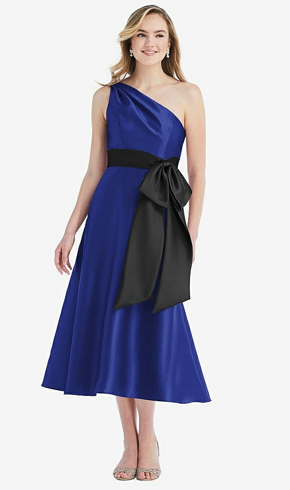 Front View - Cobalt Blue & Black One-Shoulder Bow-Waist Midi Dress with Pockets