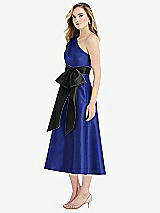 Side View Thumbnail - Cobalt Blue & Black One-Shoulder Bow-Waist Midi Dress with Pockets