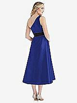 Rear View Thumbnail - Cobalt Blue & Black One-Shoulder Bow-Waist Midi Dress with Pockets