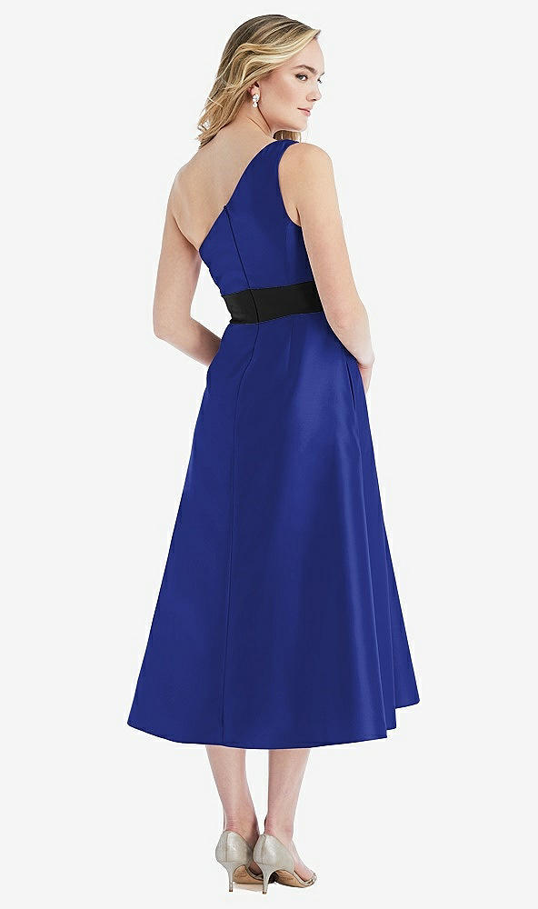 Back View - Cobalt Blue & Black One-Shoulder Bow-Waist Midi Dress with Pockets