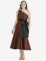 Front View Thumbnail - Cognac & Black One-Shoulder Bow-Waist Midi Dress with Pockets
