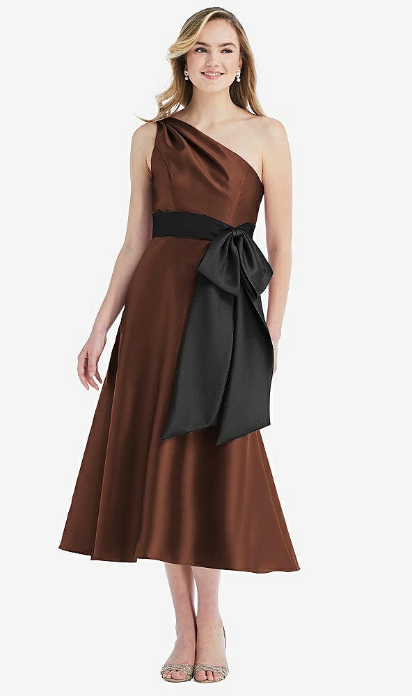 Front View - Cognac & Black One-Shoulder Bow-Waist Midi Dress with Pockets