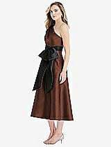 Side View Thumbnail - Cognac & Black One-Shoulder Bow-Waist Midi Dress with Pockets