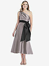 Front View Thumbnail - Cashmere Gray & Black One-Shoulder Bow-Waist Midi Dress with Pockets
