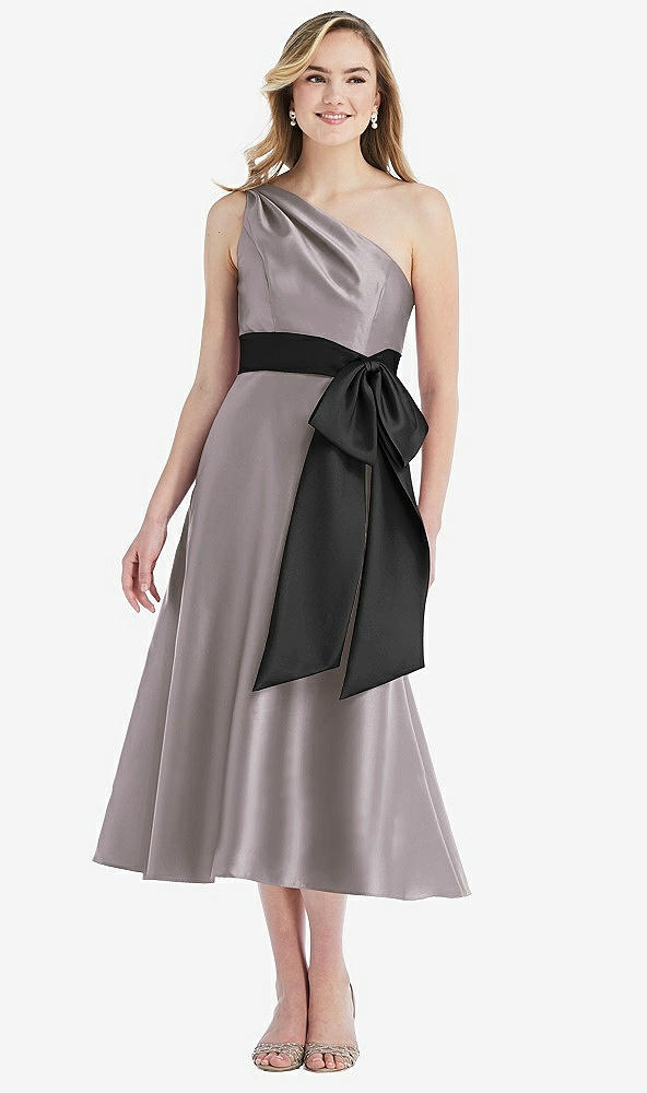 Front View - Cashmere Gray & Black One-Shoulder Bow-Waist Midi Dress with Pockets