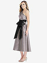Side View Thumbnail - Cashmere Gray & Black One-Shoulder Bow-Waist Midi Dress with Pockets