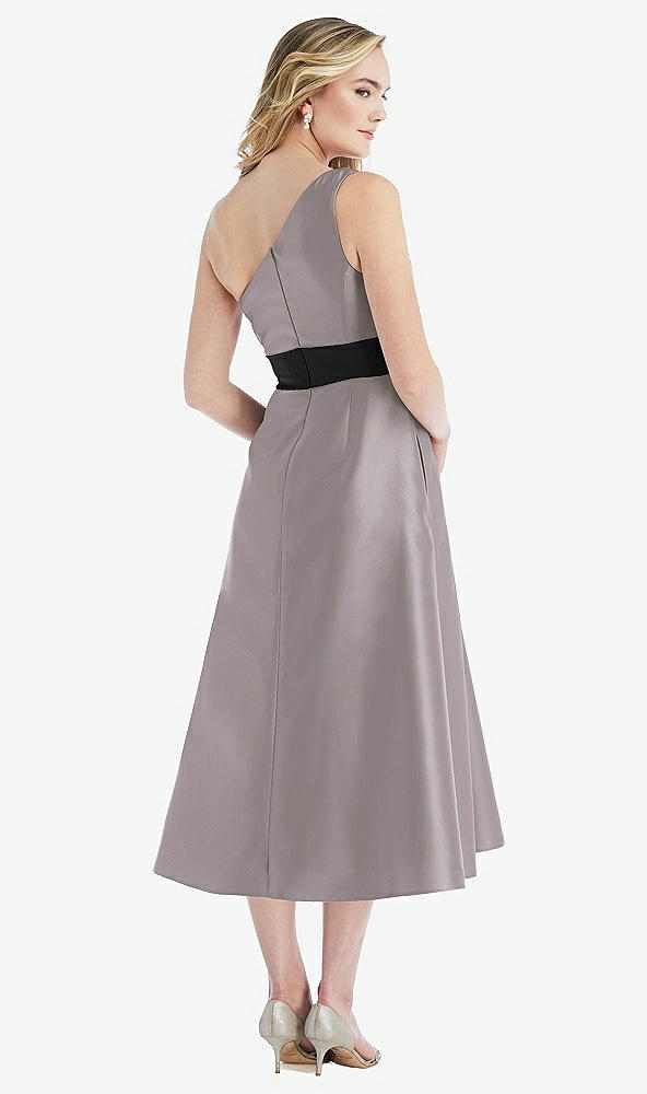 Back View - Cashmere Gray & Black One-Shoulder Bow-Waist Midi Dress with Pockets