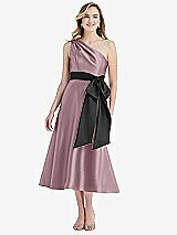 Front View Thumbnail - Dusty Rose & Black One-Shoulder Bow-Waist Midi Dress with Pockets