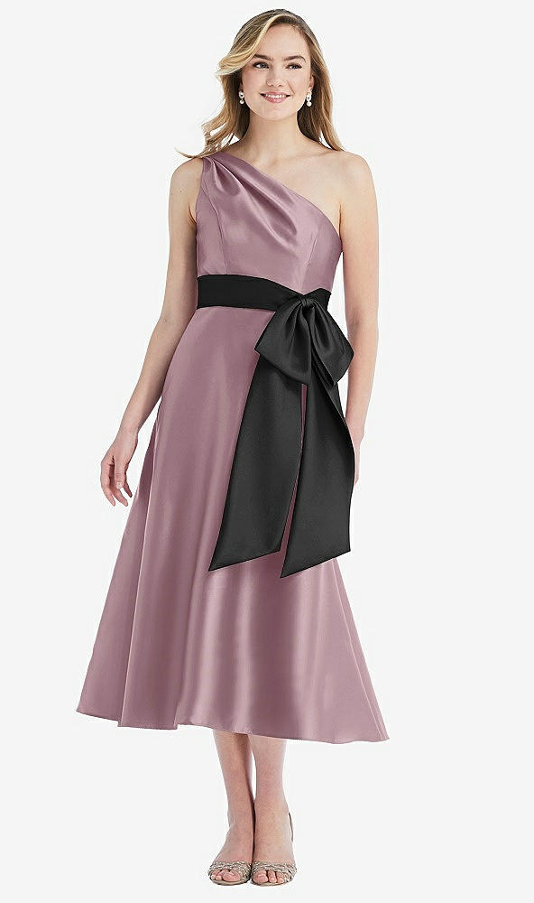 Front View - Dusty Rose & Black One-Shoulder Bow-Waist Midi Dress with Pockets