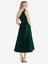 Rear View Thumbnail - Evergreen & Black One-Shoulder Bow-Waist Midi Dress with Pockets