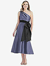 Front View Thumbnail - French Blue & Black One-Shoulder Bow-Waist Midi Dress with Pockets