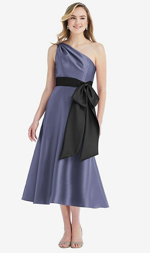 Front View - French Blue & Black One-Shoulder Bow-Waist Midi Dress with Pockets