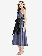 Side View Thumbnail - French Blue & Black One-Shoulder Bow-Waist Midi Dress with Pockets