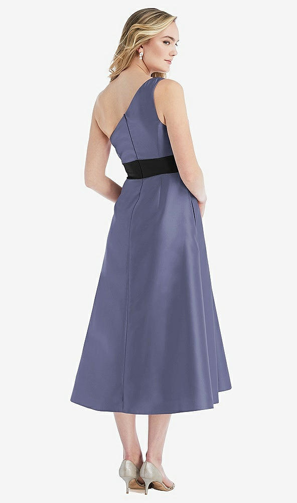 Back View - French Blue & Black One-Shoulder Bow-Waist Midi Dress with Pockets