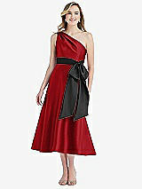 Front View Thumbnail - Garnet & Black One-Shoulder Bow-Waist Midi Dress with Pockets