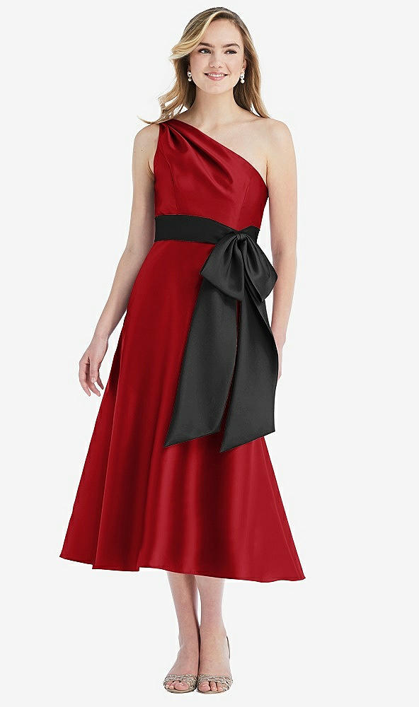 Front View - Garnet & Black One-Shoulder Bow-Waist Midi Dress with Pockets