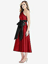 Side View Thumbnail - Garnet & Black One-Shoulder Bow-Waist Midi Dress with Pockets