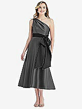 Front View Thumbnail - Gunmetal & Black One-Shoulder Bow-Waist Midi Dress with Pockets