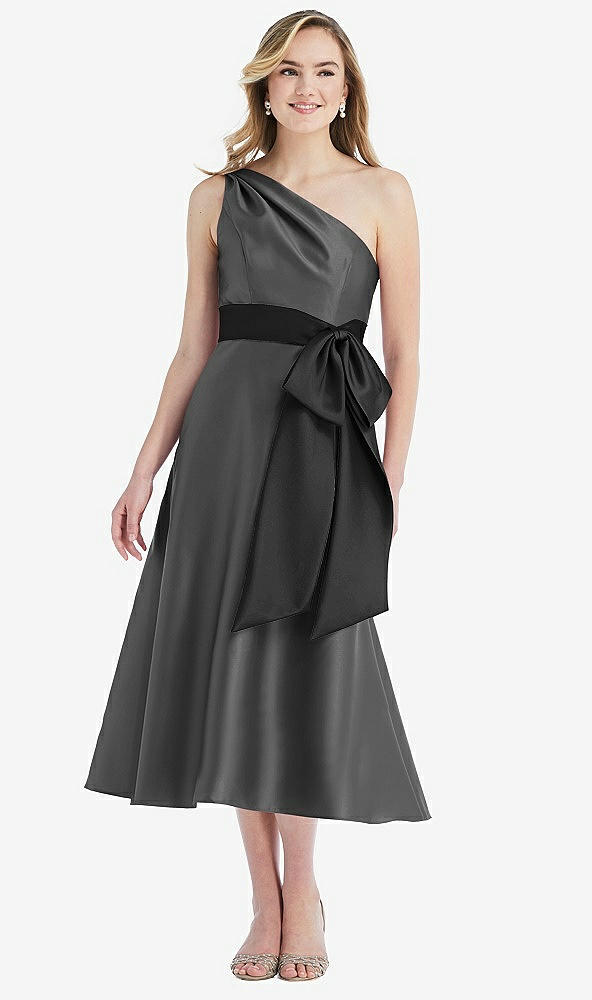 Front View - Gunmetal & Black One-Shoulder Bow-Waist Midi Dress with Pockets