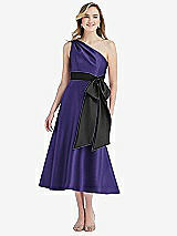 Front View Thumbnail - Grape & Black One-Shoulder Bow-Waist Midi Dress with Pockets