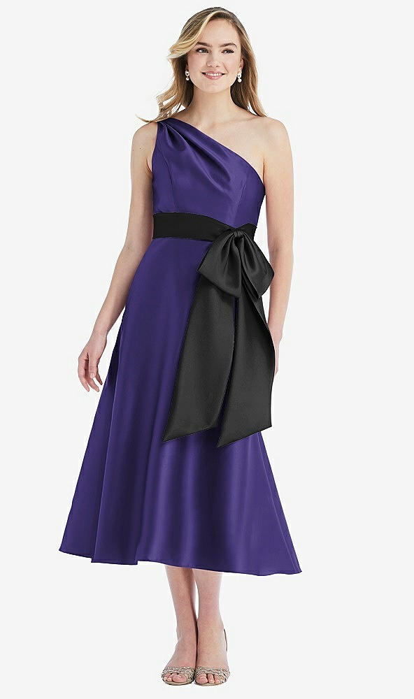 Front View - Grape & Black One-Shoulder Bow-Waist Midi Dress with Pockets