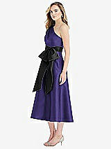 Side View Thumbnail - Grape & Black One-Shoulder Bow-Waist Midi Dress with Pockets
