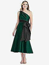 Front View Thumbnail - Hunter Green & Black One-Shoulder Bow-Waist Midi Dress with Pockets