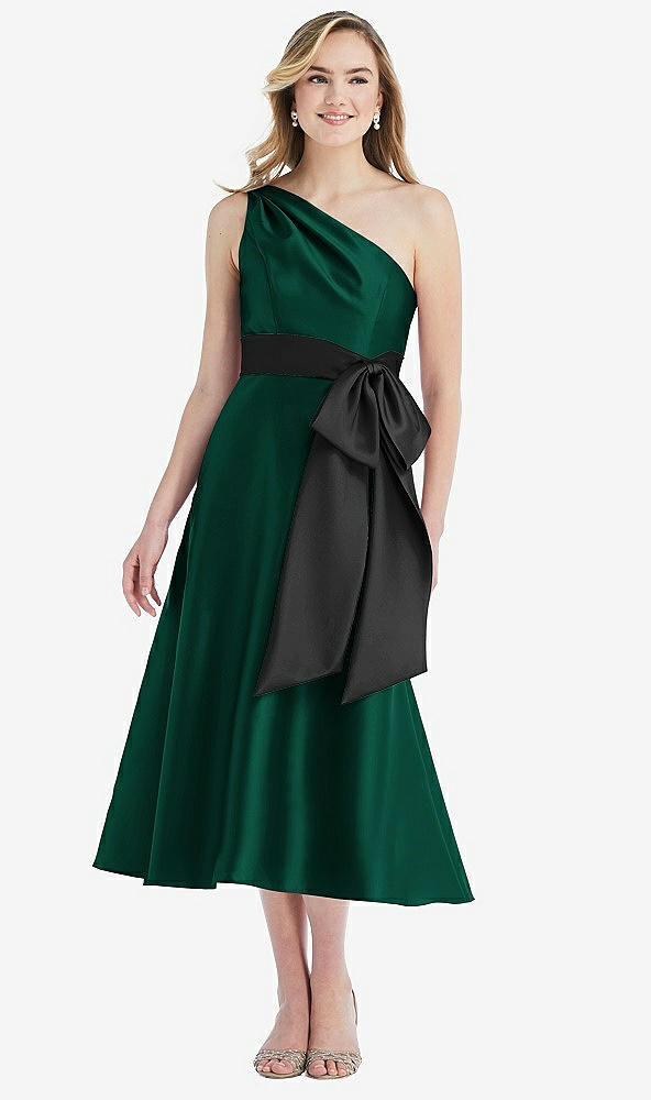Front View - Hunter Green & Black One-Shoulder Bow-Waist Midi Dress with Pockets