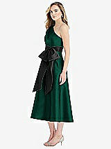 Side View Thumbnail - Hunter Green & Black One-Shoulder Bow-Waist Midi Dress with Pockets