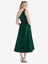 Rear View Thumbnail - Hunter Green & Black One-Shoulder Bow-Waist Midi Dress with Pockets