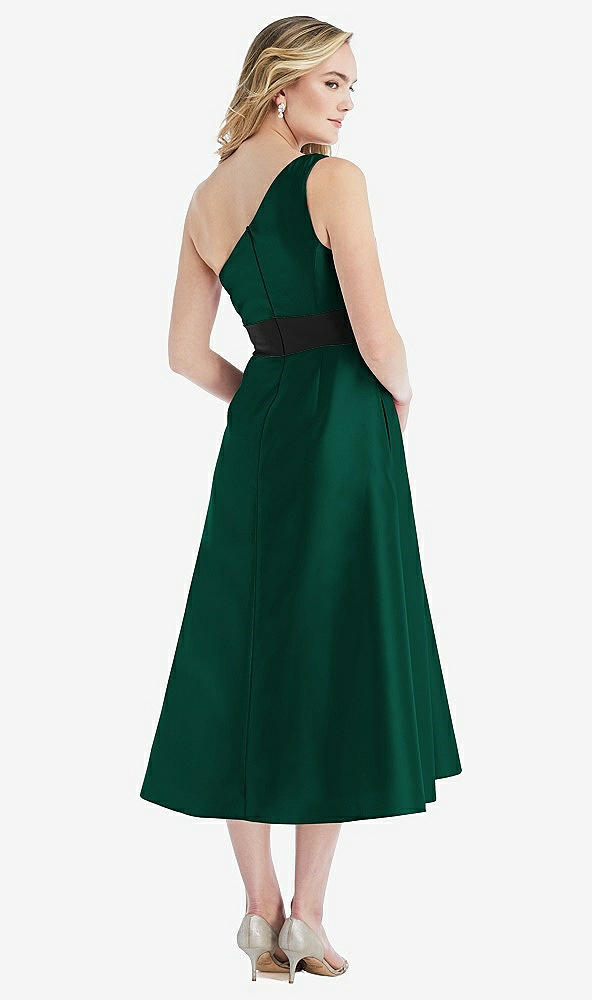 Back View - Hunter Green & Black One-Shoulder Bow-Waist Midi Dress with Pockets
