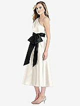 Side View Thumbnail - Ivory & Black One-Shoulder Bow-Waist Midi Dress with Pockets